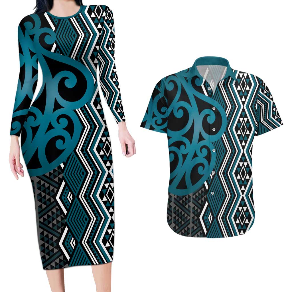 Maori Taniko Patterns Couples Matching Long Sleeve Bodycon Dress and Hawaiian Shirt Azure Patiki Motifs Mix Whakairo Ngaru LT7 Azure - Polynesian Pride