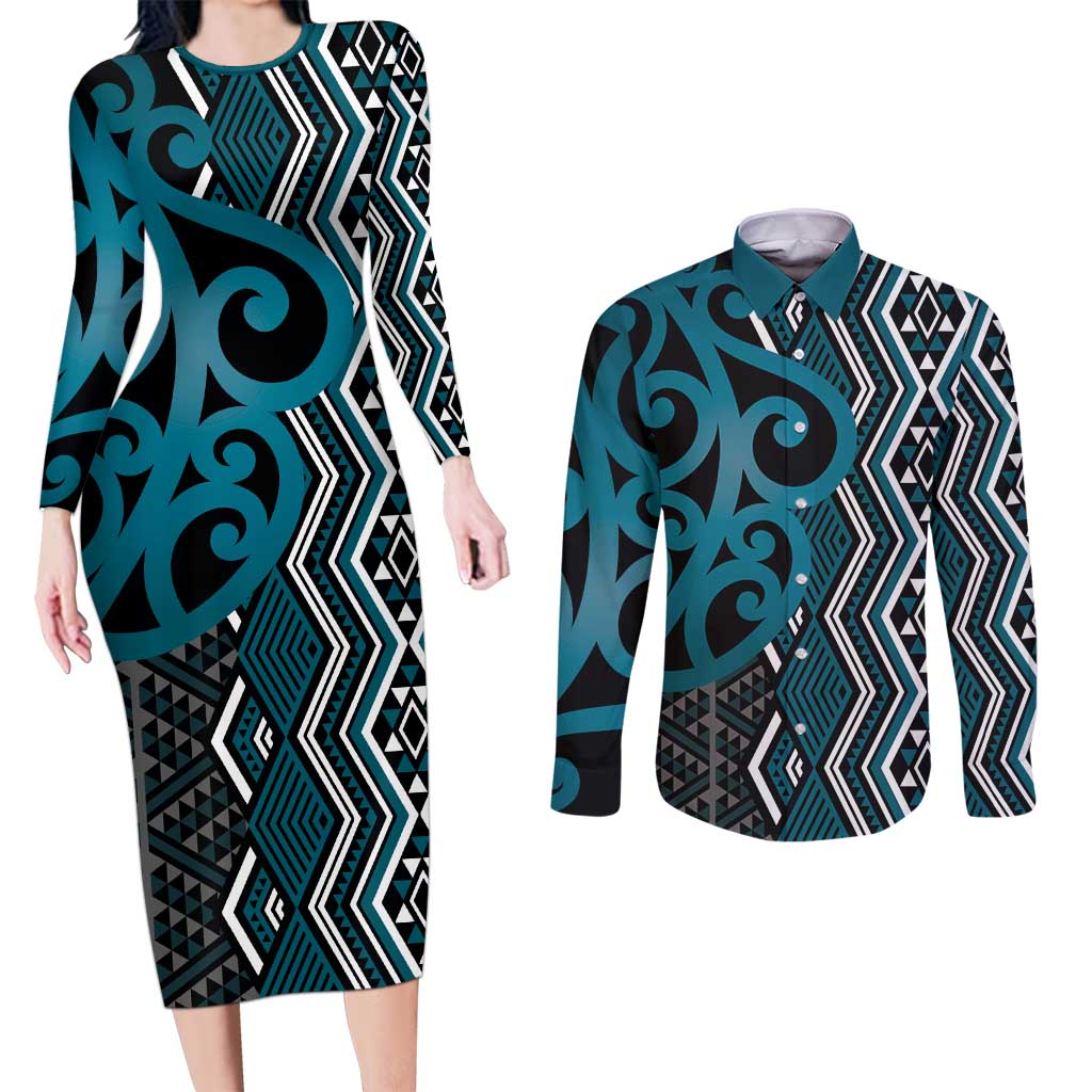 Maori Taniko Patterns Couples Matching Long Sleeve Bodycon Dress and Long Sleeve Button Shirt Azure Patiki Motifs Mix Whakairo Ngaru LT7 Azure - Polynesian Pride