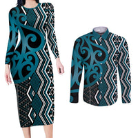 Maori Taniko Patterns Couples Matching Long Sleeve Bodycon Dress and Long Sleeve Button Shirt Azure Patiki Motifs Mix Whakairo Ngaru