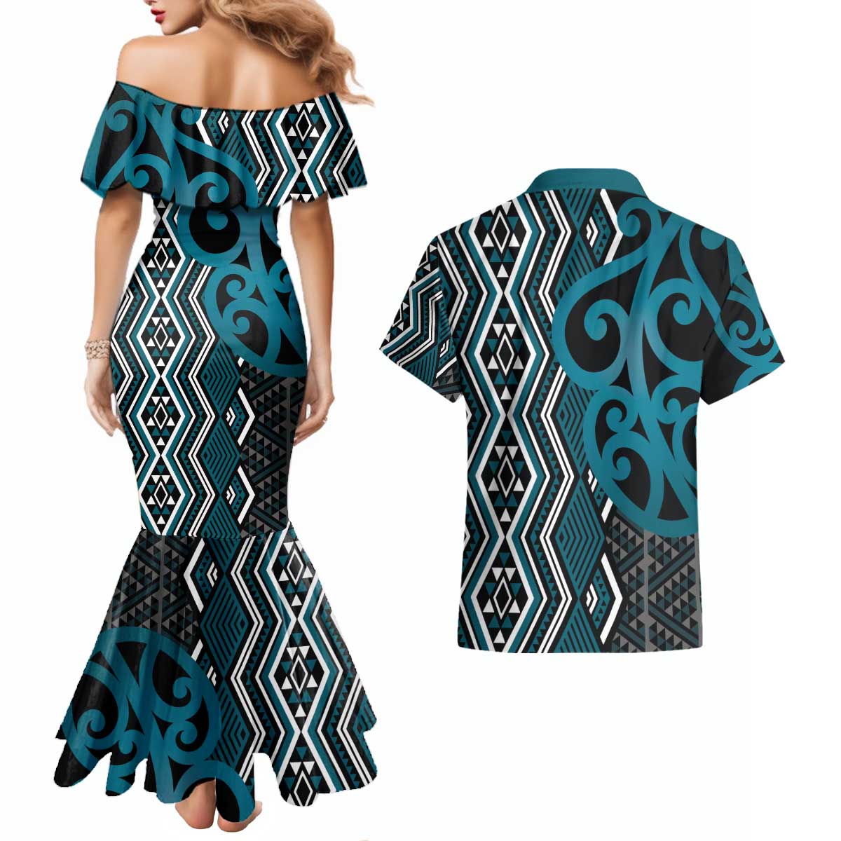 Maori Taniko Patterns Couples Matching Mermaid Dress and Hawaiian Shirt Azure Patiki Motifs Mix Whakairo Ngaru