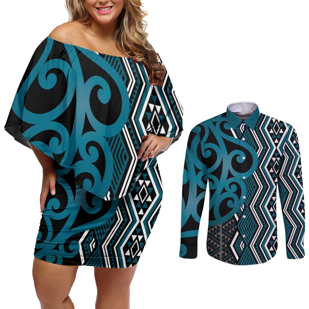 Maori Taniko Patterns Couples Matching Off Shoulder Short Dress and Long Sleeve Button Shirt Azure Patiki Motifs Mix Whakairo Ngaru LT7 Azure - Polynesian Pride