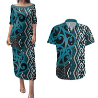 Maori Taniko Patterns Couples Matching Puletasi and Hawaiian Shirt Azure Patiki Motifs Mix Whakairo Ngaru LT7 Azure - Polynesian Pride