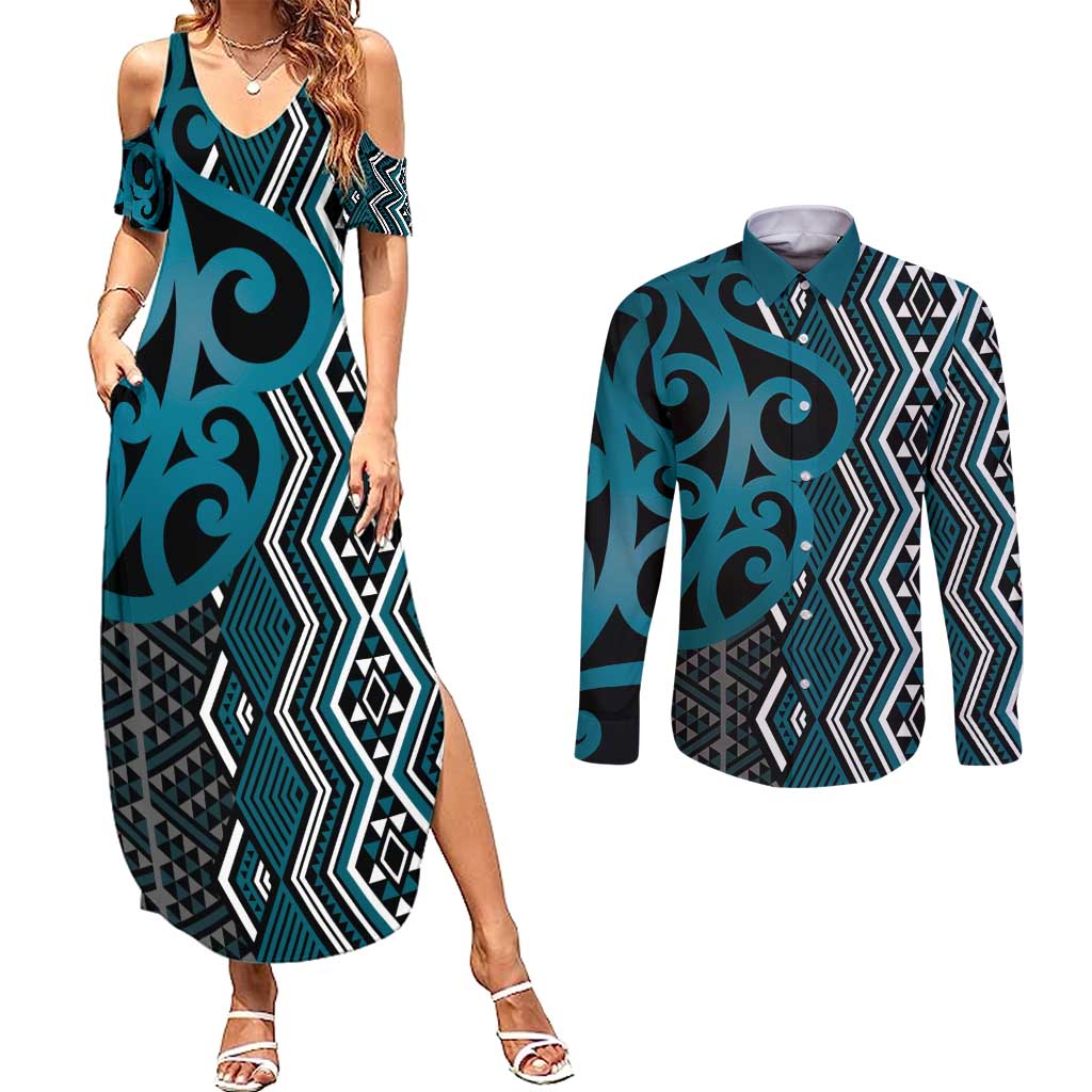 Maori Taniko Patterns Couples Matching Summer Maxi Dress and Long Sleeve Button Shirt Azure Patiki Motifs Mix Whakairo Ngaru LT7 Azure - Polynesian Pride