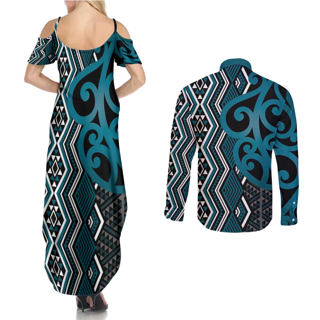 Maori Taniko Patterns Couples Matching Summer Maxi Dress and Long Sleeve Button Shirt Azure Patiki Motifs Mix Whakairo Ngaru LT7 - Polynesian Pride