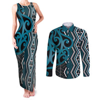 Maori Taniko Patterns Couples Matching Tank Maxi Dress and Long Sleeve Button Shirt Azure Patiki Motifs Mix Whakairo Ngaru LT7 Azure - Polynesian Pride