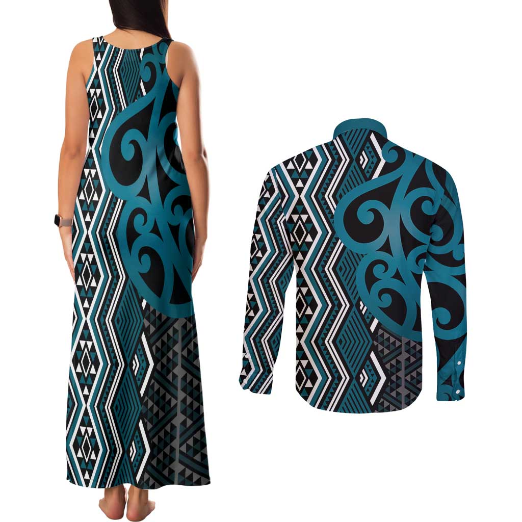 Maori Taniko Patterns Couples Matching Tank Maxi Dress and Long Sleeve Button Shirt Azure Patiki Motifs Mix Whakairo Ngaru LT7 - Polynesian Pride
