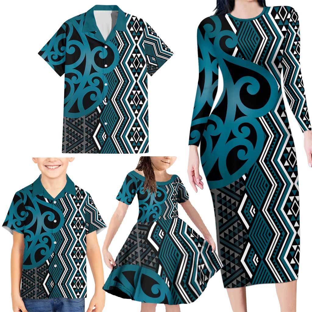 Maori Taniko Patterns Family Matching Long Sleeve Bodycon Dress and Hawaiian Shirt Azure Patiki Motifs Mix Whakairo Ngaru LT7 - Polynesian Pride