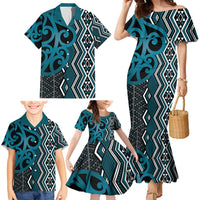 Maori Taniko Patterns Family Matching Mermaid Dress and Hawaiian Shirt Azure Patiki Motifs Mix Whakairo Ngaru LT7 - Polynesian Pride