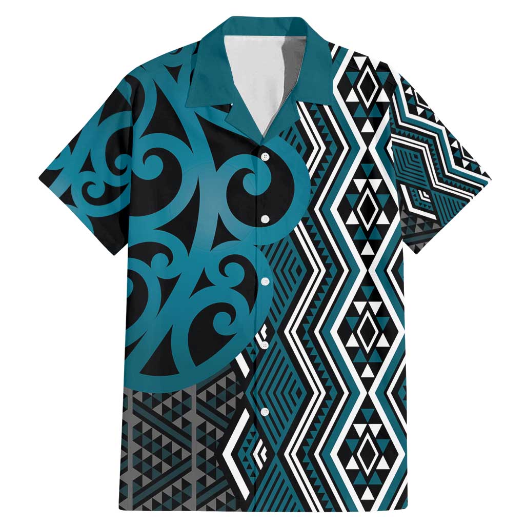 Maori Taniko Patterns Family Matching Mermaid Dress and Hawaiian Shirt Azure Patiki Motifs Mix Whakairo Ngaru LT7 Dad's Shirt - Short Sleeve Azure - Polynesian Pride