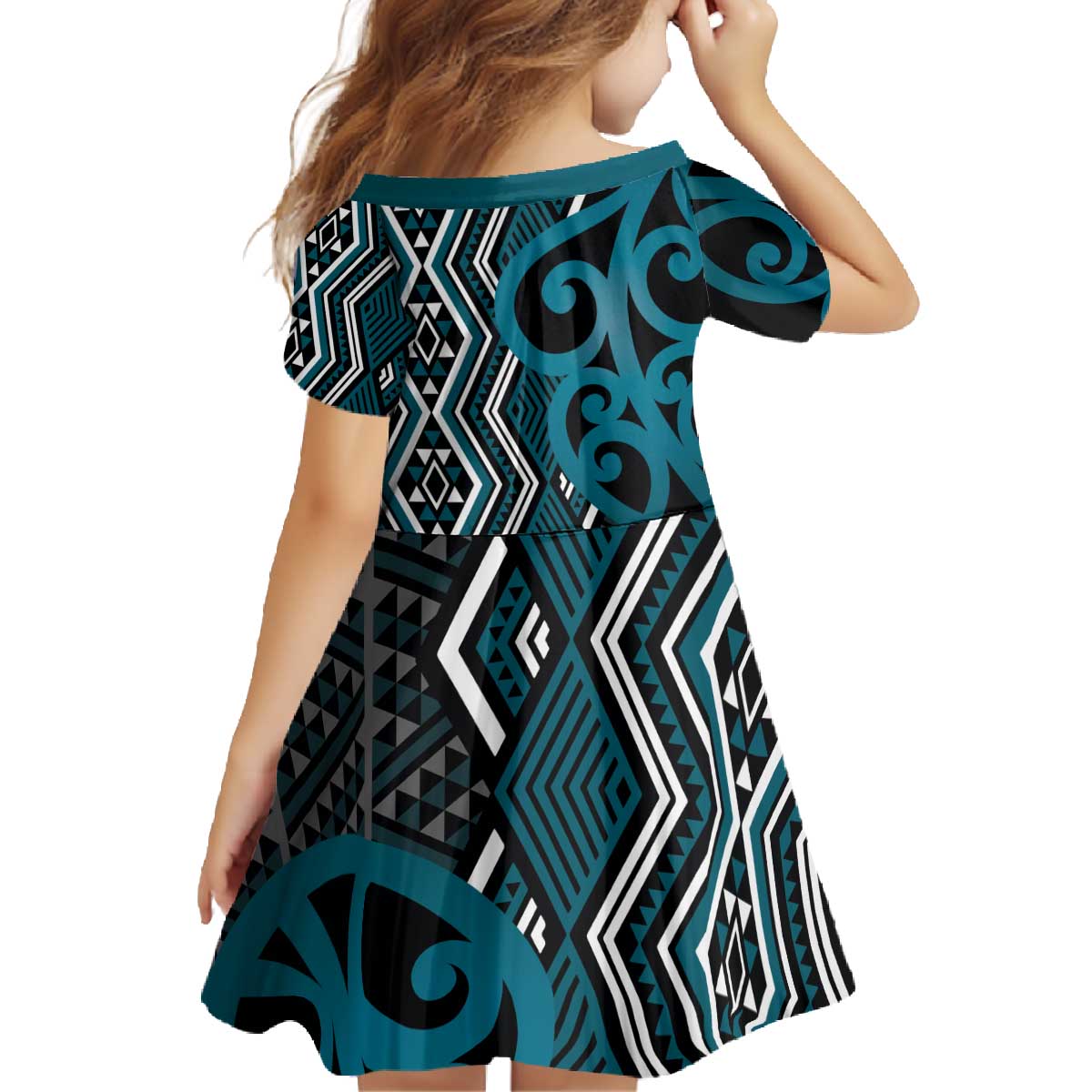 Maori Taniko Patterns Family Matching Off The Shoulder Long Sleeve Dress and Hawaiian Shirt Azure Patiki Motifs Mix Whakairo Ngaru