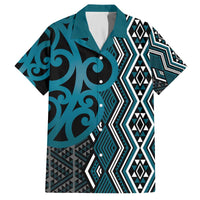 Maori Taniko Patterns Family Matching Off The Shoulder Long Sleeve Dress and Hawaiian Shirt Azure Patiki Motifs Mix Whakairo Ngaru