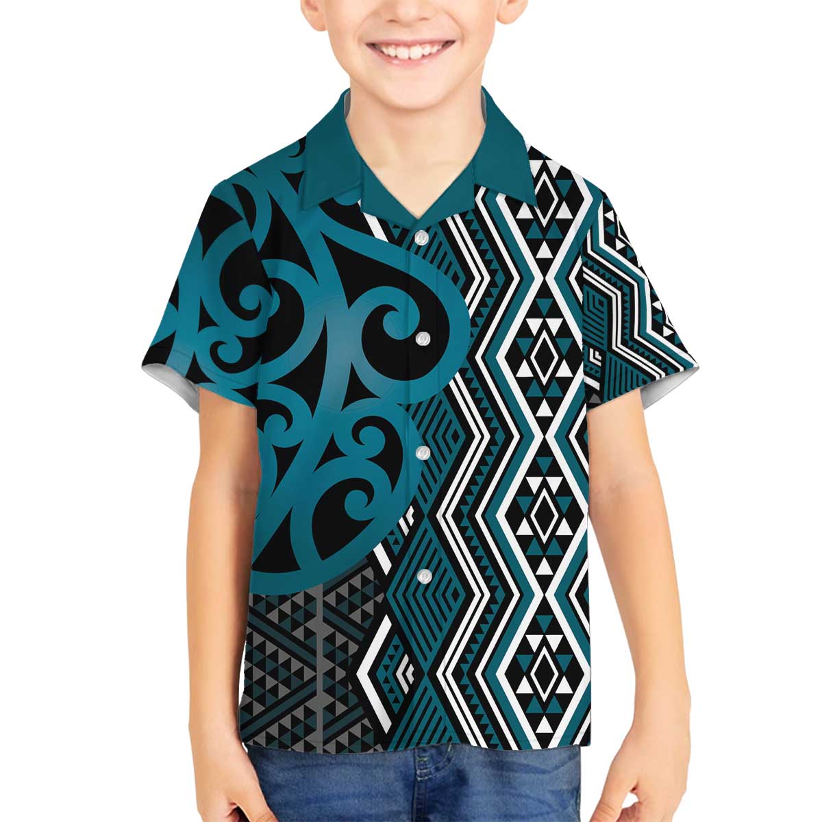 Maori Taniko Patterns Family Matching Off The Shoulder Long Sleeve Dress and Hawaiian Shirt Azure Patiki Motifs Mix Whakairo Ngaru