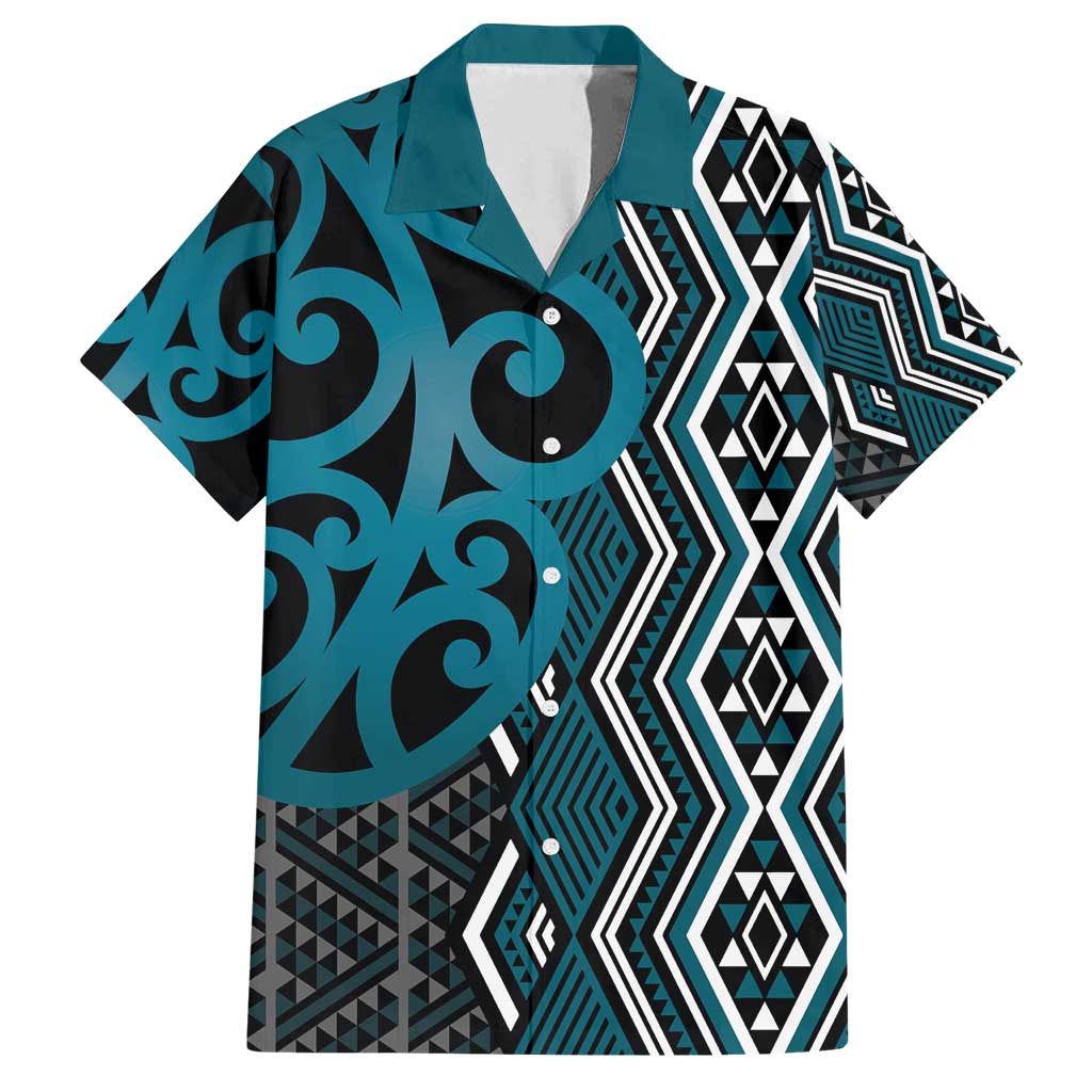 Maori Taniko Patterns Family Matching Off Shoulder Maxi Dress and Hawaiian Shirt Azure Patiki Motifs Mix Whakairo Ngaru LT7 Dad's Shirt - Short Sleeve Azure - Polynesian Pride