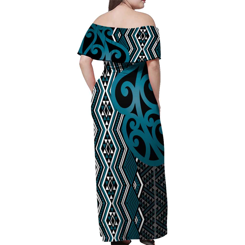 Maori Taniko Patterns Family Matching Off Shoulder Maxi Dress and Hawaiian Shirt Azure Patiki Motifs Mix Whakairo Ngaru LT7 - Polynesian Pride