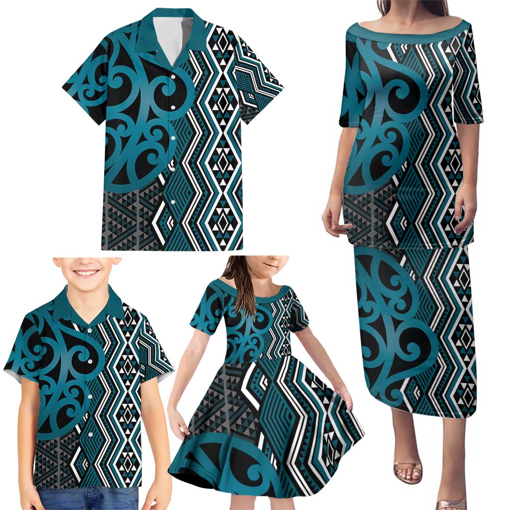 Maori Taniko Patterns Family Matching Puletasi and Hawaiian Shirt Azure Patiki Motifs Mix Whakairo Ngaru LT7 - Polynesian Pride