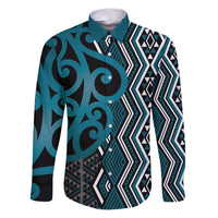 Maori Taniko Patterns Family Matching Puletasi and Hawaiian Shirt Azure Patiki Motifs Mix Whakairo Ngaru LT7 Dad's Shirt - Long Sleeve Azure - Polynesian Pride