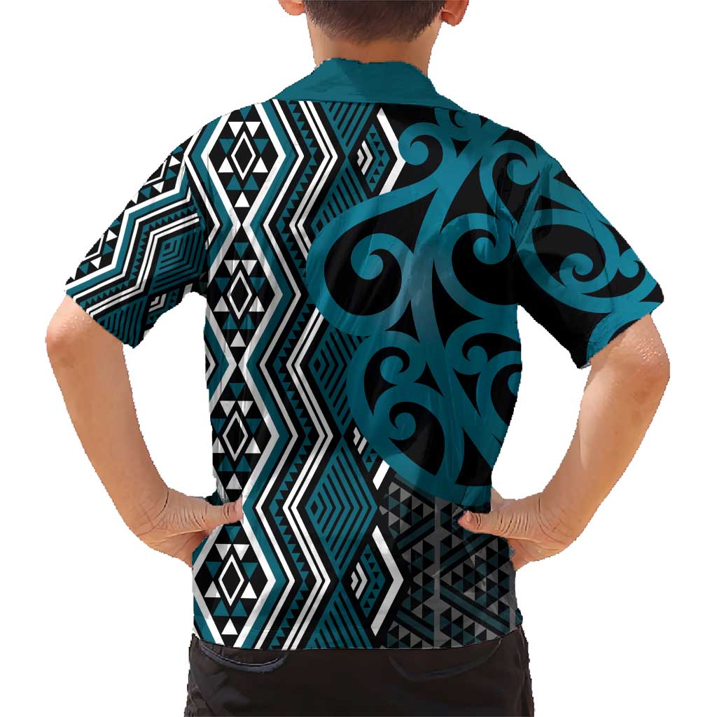 Maori Taniko Patterns Family Matching Short Sleeve Bodycon Dress and Hawaiian Shirt Azure Patiki Motifs Mix Whakairo Ngaru LT7 - Polynesian Pride