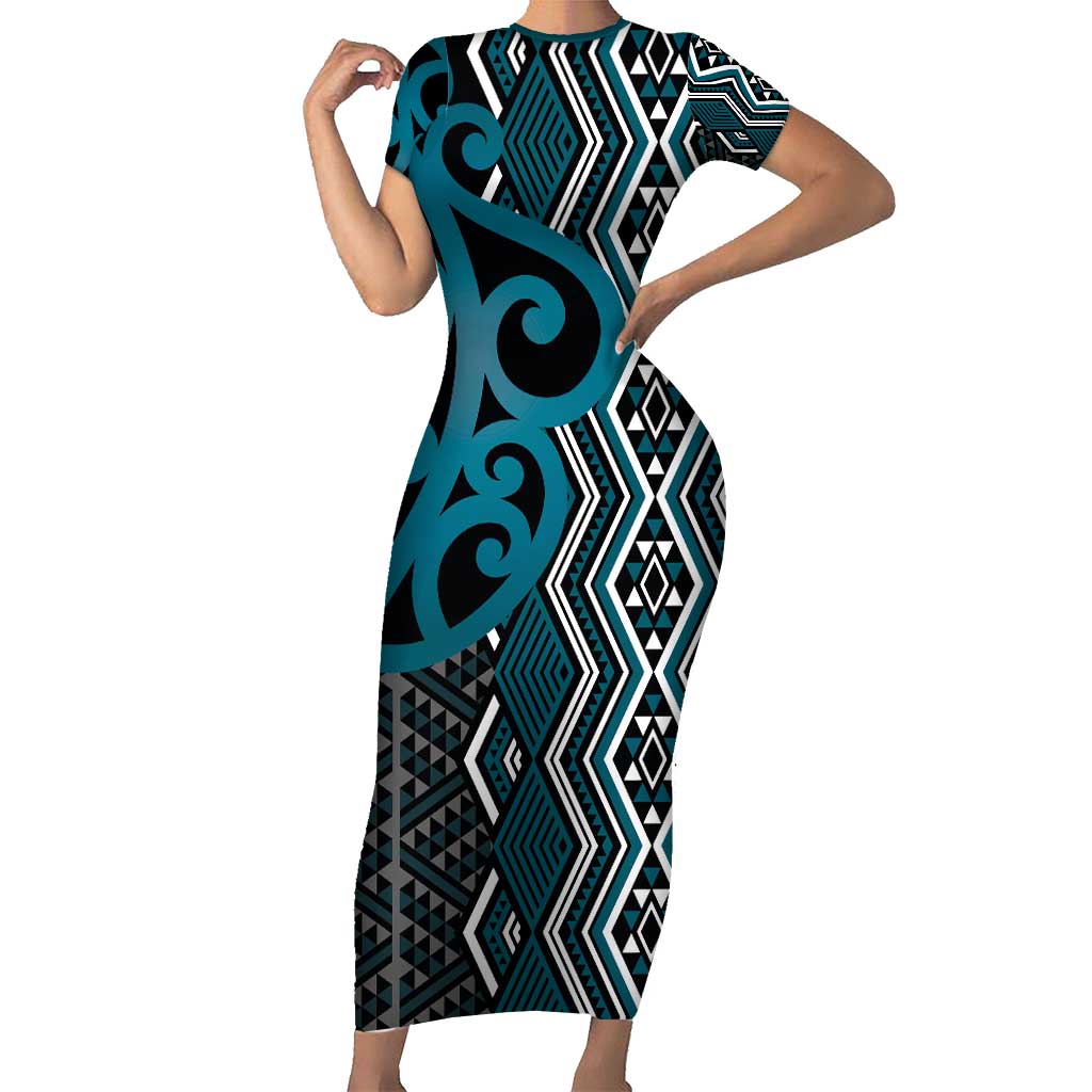 Maori Taniko Patterns Family Matching Short Sleeve Bodycon Dress and Hawaiian Shirt Azure Patiki Motifs Mix Whakairo Ngaru LT7 Mom's Dress Azure - Polynesian Pride