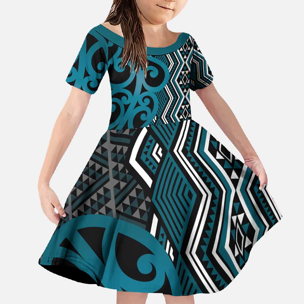 Maori Taniko Patterns Family Matching Summer Maxi Dress and Hawaiian Shirt Azure Patiki Motifs Mix Whakairo Ngaru LT7 Daughter's Dress Azure - Polynesian Pride