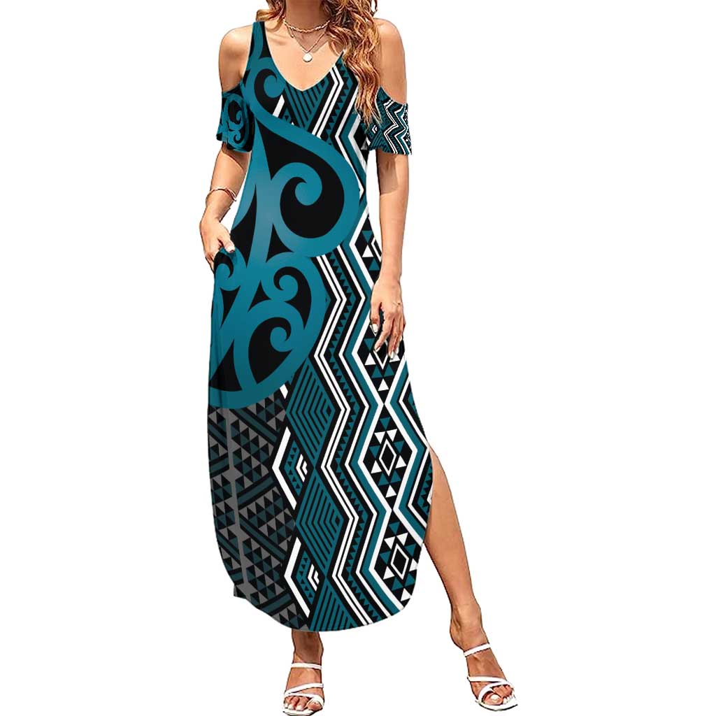 Maori Taniko Patterns Family Matching Summer Maxi Dress and Hawaiian Shirt Azure Patiki Motifs Mix Whakairo Ngaru LT7 Mom's Dress Azure - Polynesian Pride