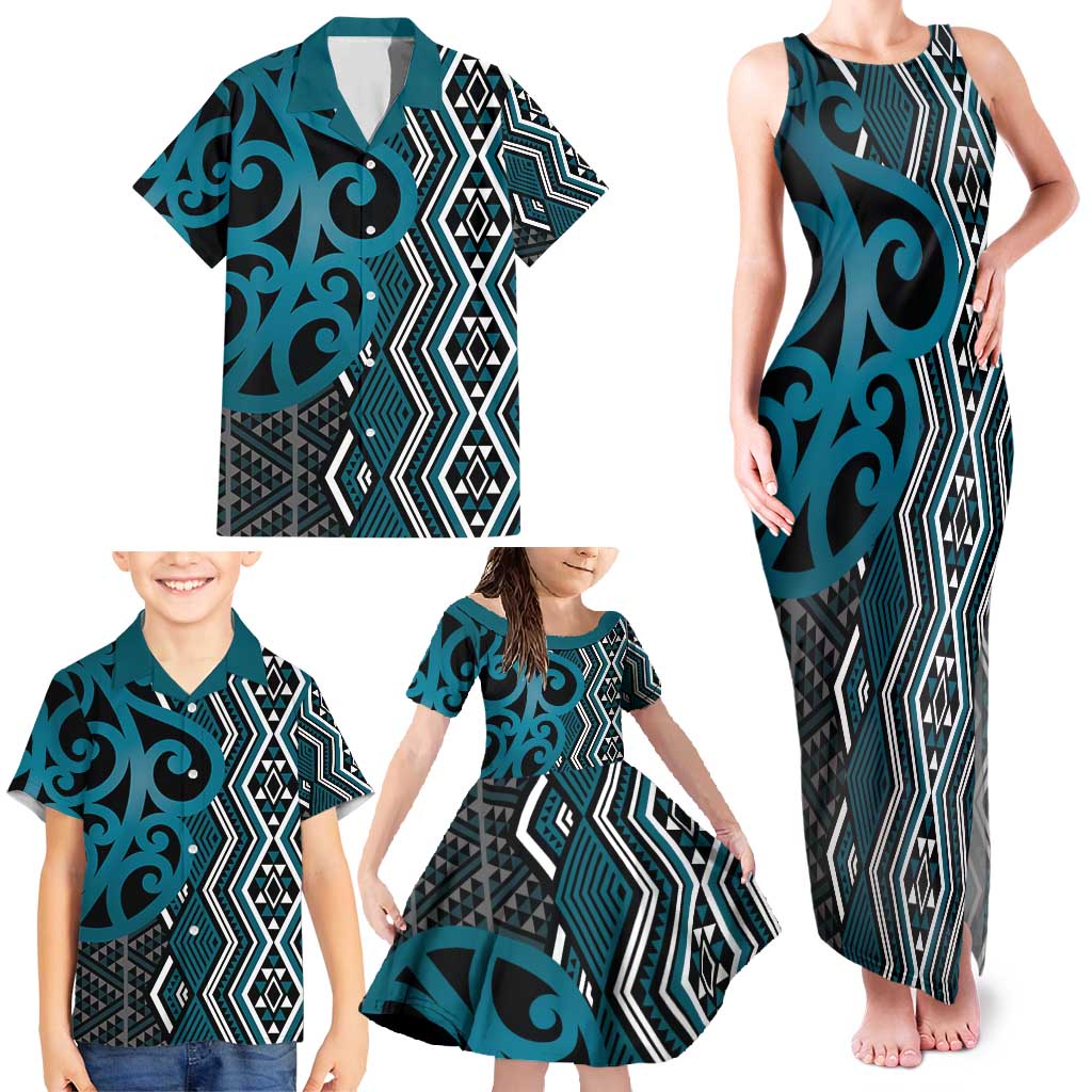 Maori Taniko Patterns Family Matching Tank Maxi Dress and Hawaiian Shirt Azure Patiki Motifs Mix Whakairo Ngaru LT7 - Polynesian Pride