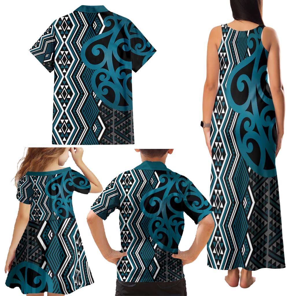 Maori Taniko Patterns Family Matching Tank Maxi Dress and Hawaiian Shirt Azure Patiki Motifs Mix Whakairo Ngaru LT7 - Polynesian Pride