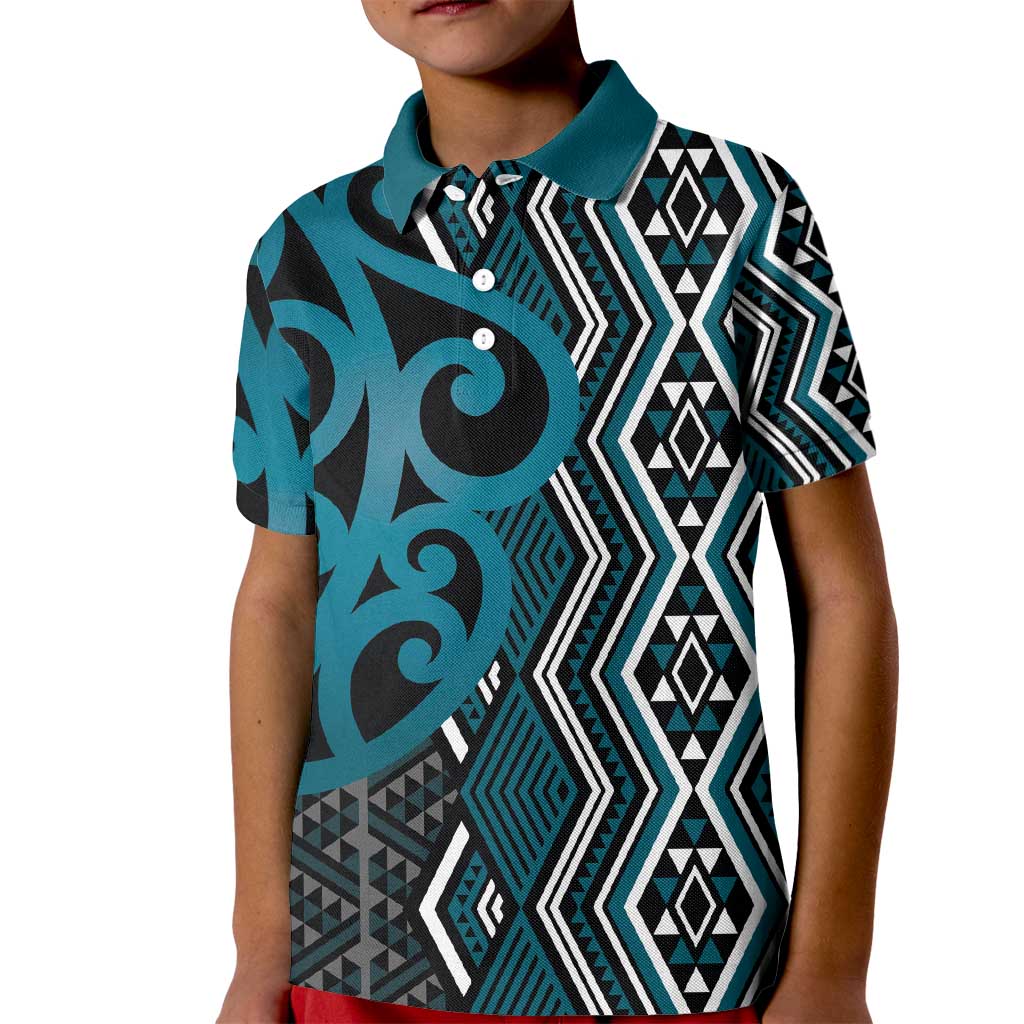 Maori Taniko Patterns Kid Polo Shirt Azure Patiki Motifs Mix Whakairo Ngaru LT7 Kid Azure - Polynesian Pride