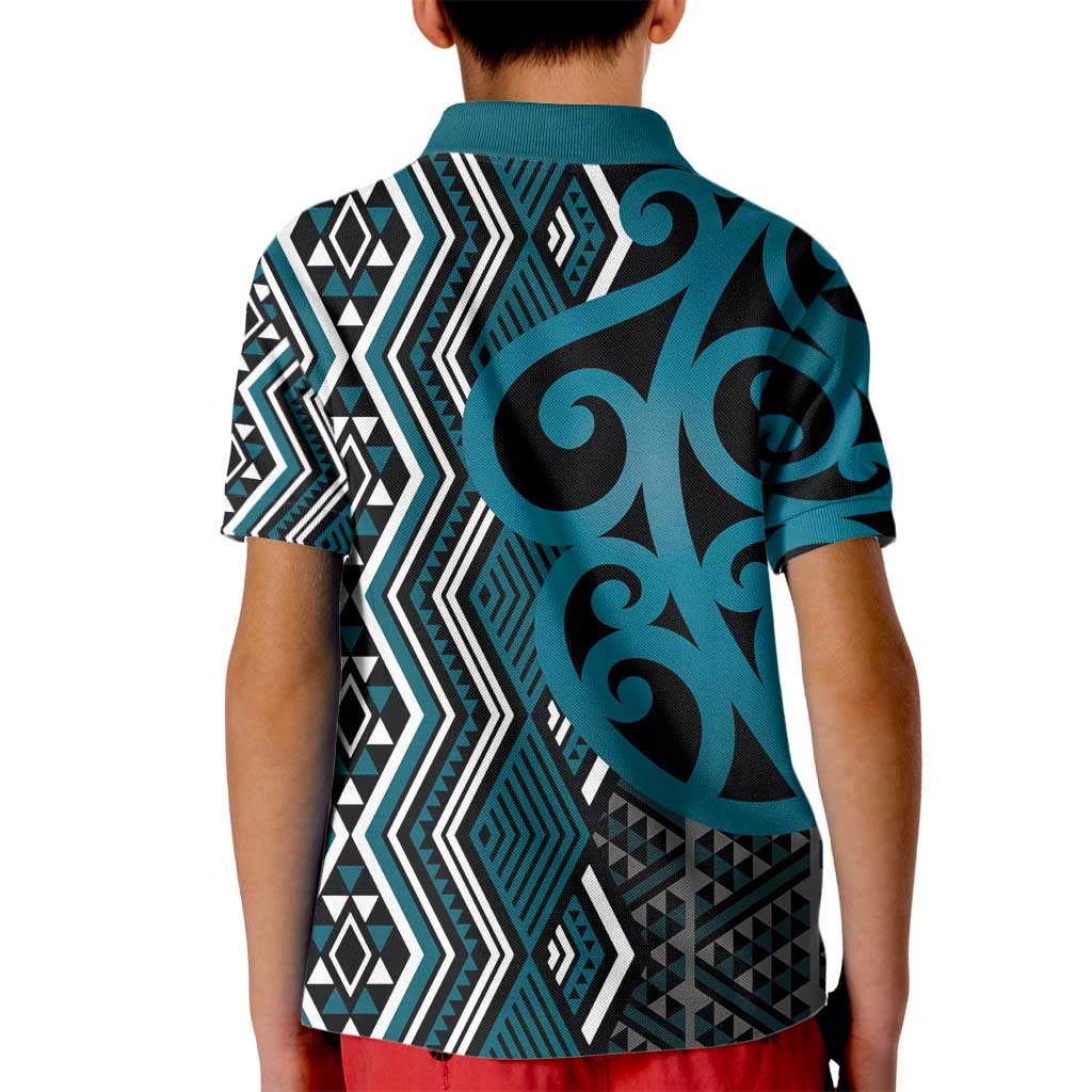 Maori Taniko Patterns Kid Polo Shirt Azure Patiki Motifs Mix Whakairo Ngaru LT7 - Polynesian Pride