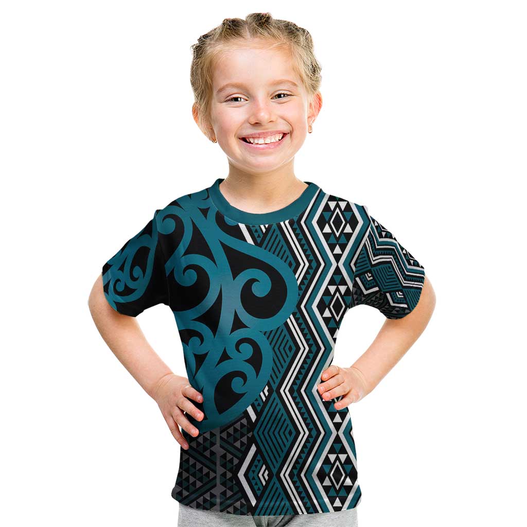 Maori Taniko Patterns Kid T Shirt Azure Patiki Motifs Mix Whakairo Ngaru LT7 Azure - Polynesian Pride