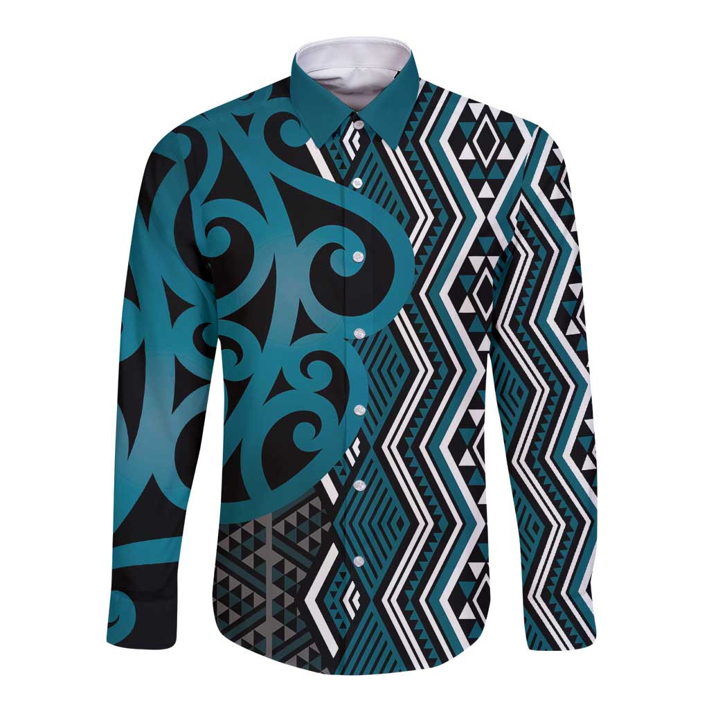 Maori Taniko Patterns Long Sleeve Button Shirt Azure Patiki Motifs Mix Whakairo Ngaru LT7 Unisex Azure - Polynesian Pride