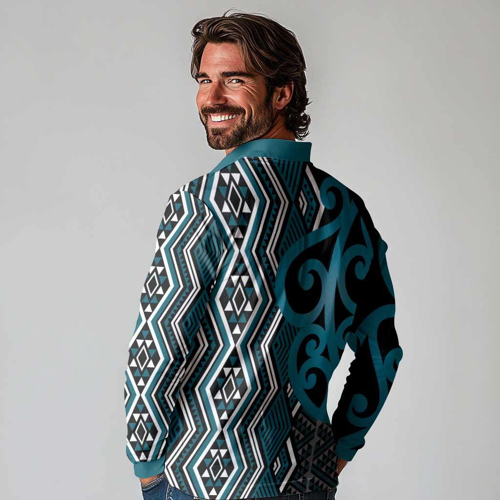 Maori Taniko Patterns Long Sleeve Polo Shirt Azure Patiki Motifs Mix Whakairo Ngaru