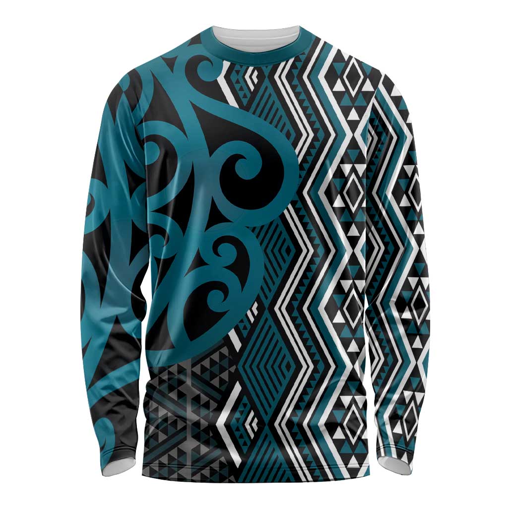 Maori Taniko Patterns Long Sleeve Shirt Azure Patiki Motifs Mix Whakairo Ngaru LT7 Unisex Azure - Polynesian Pride