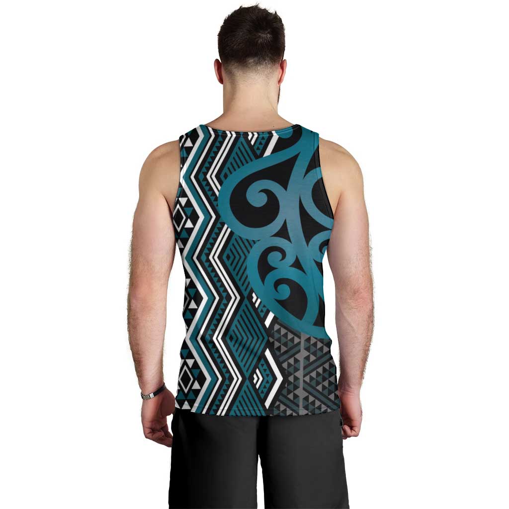 Maori Taniko Patterns Men Tank Top Azure Patiki Motifs Mix Whakairo Ngaru
