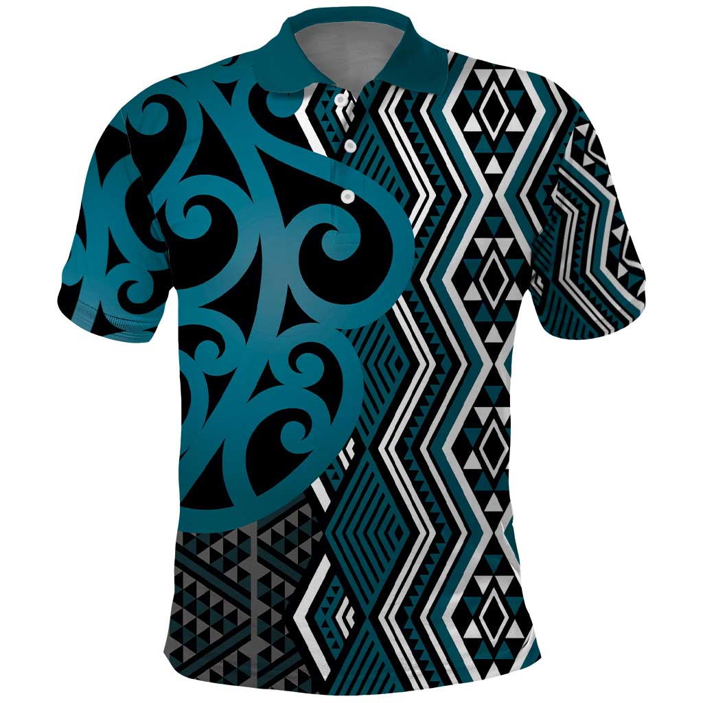 Maori Taniko Patterns Polo Shirt Azure Patiki Motifs Mix Whakairo Ngaru