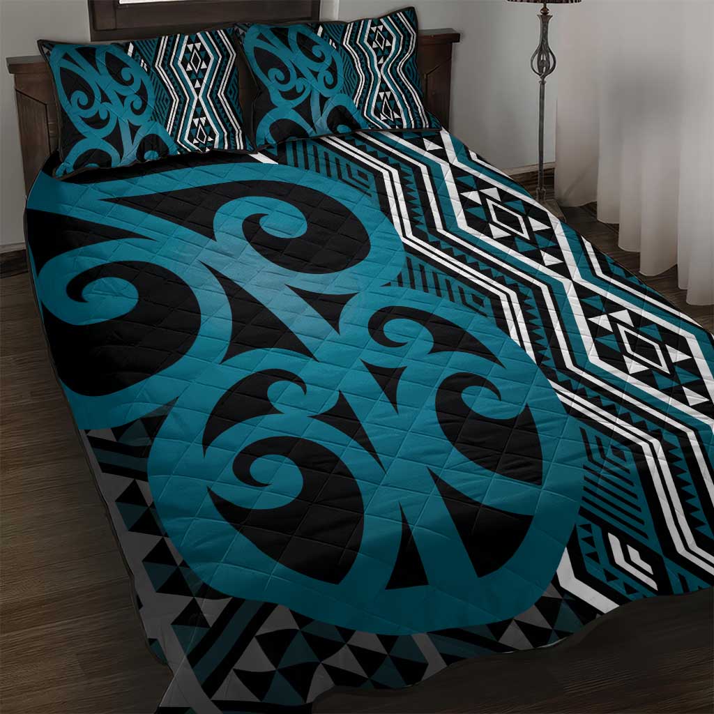Maori Taniko Patterns Quilt Bed Set Azure Patiki Motifs Mix Whakairo Ngaru
