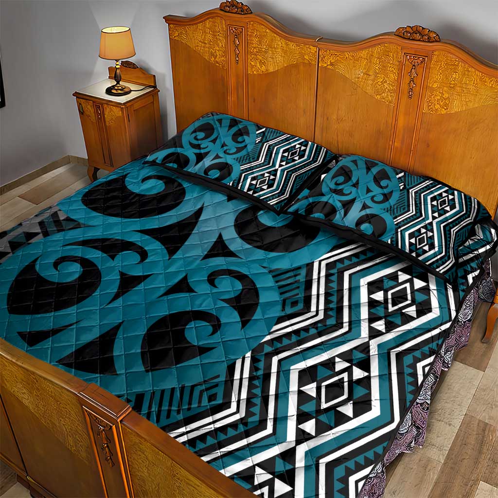 Maori Taniko Patterns Quilt Bed Set Azure Patiki Motifs Mix Whakairo Ngaru