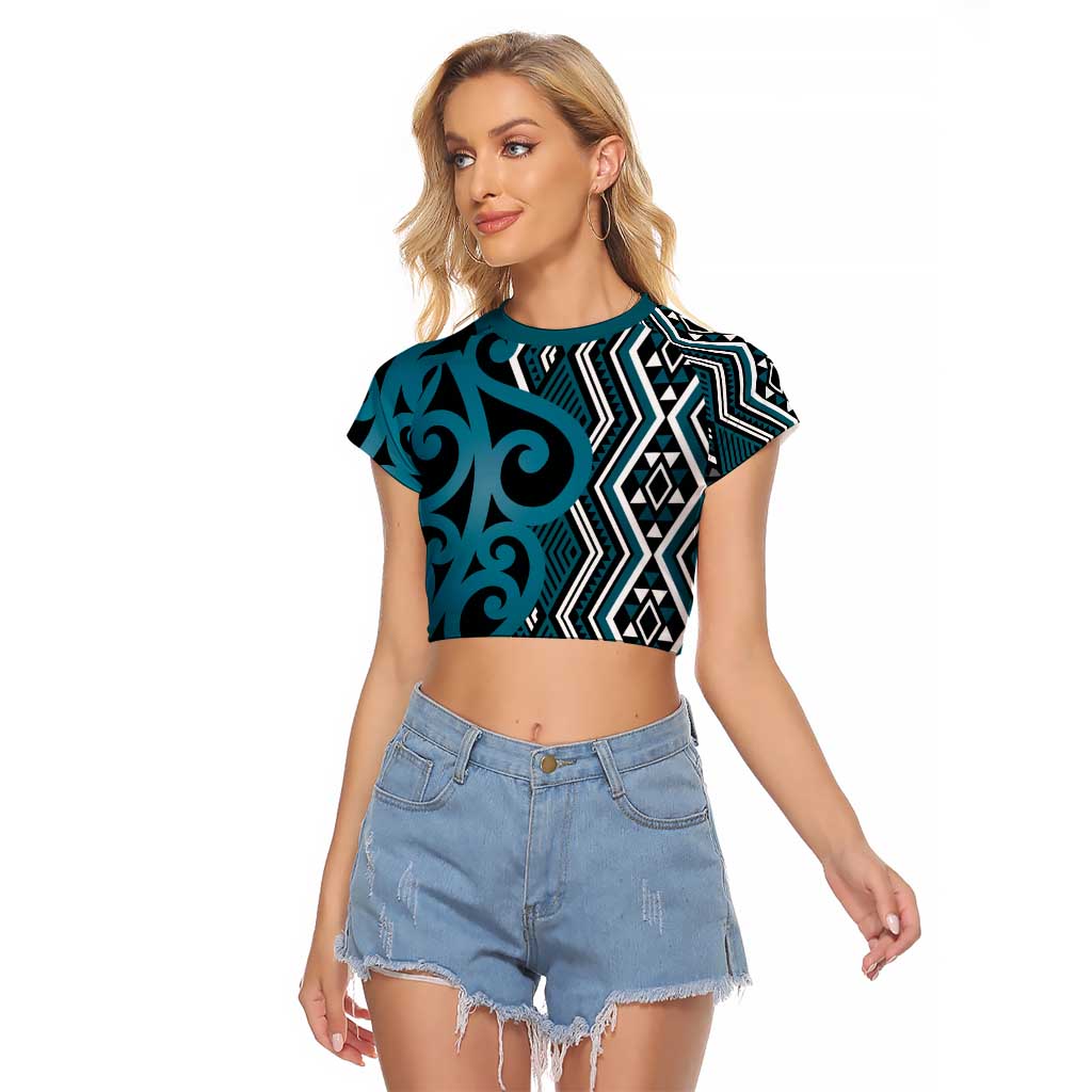 Maori Taniko Patterns Raglan Cropped T Shirt Azure Patiki Motifs Mix Whakairo Ngaru LT7 Female Azure - Polynesian Pride