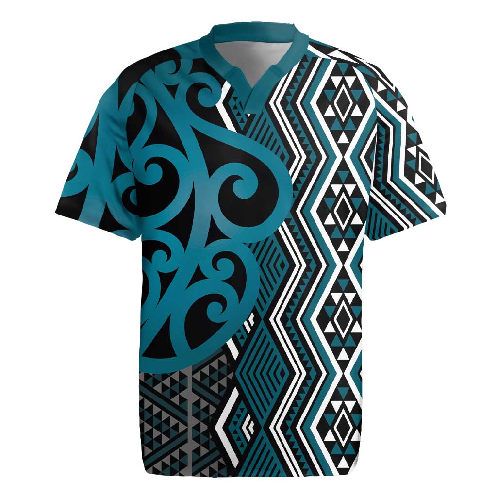 Maori Taniko Patterns Rugby Jersey Azure Patiki Motifs Mix Whakairo Ngaru LT7 Azure - Polynesian Pride