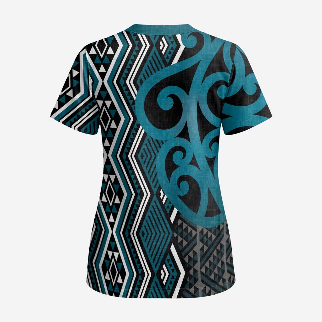 Maori Taniko Patterns Scrub Top Azure Patiki Motifs Mix Whakairo Ngaru - Polynesian Pride