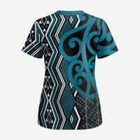 Maori Taniko Patterns Scrub Top Azure Patiki Motifs Mix Whakairo Ngaru - Polynesian Pride