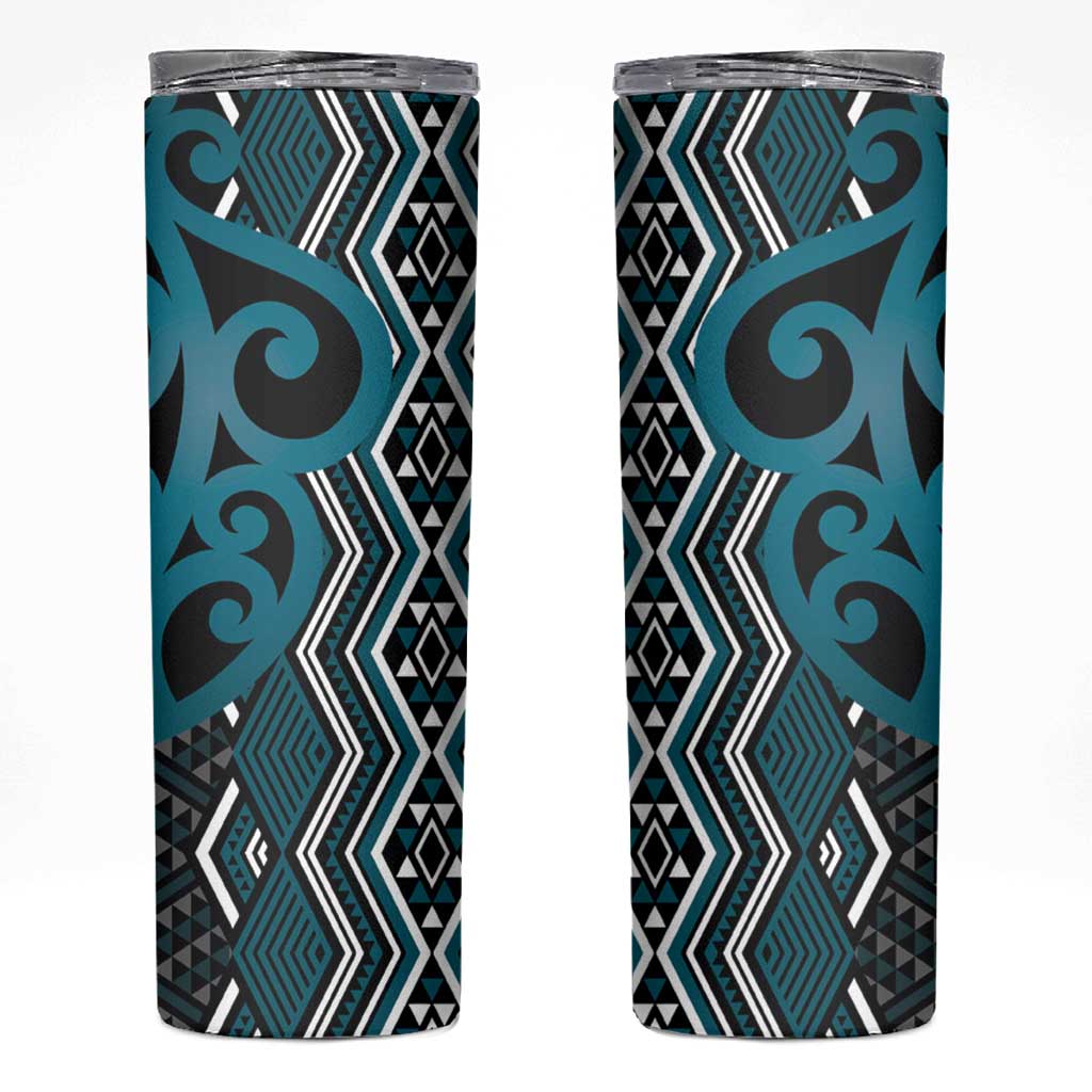 Maori Taniko Patterns Skinny Tumbler Azure Patiki Motifs Mix Whakairo Ngaru LT7 Azure - Polynesian Pride