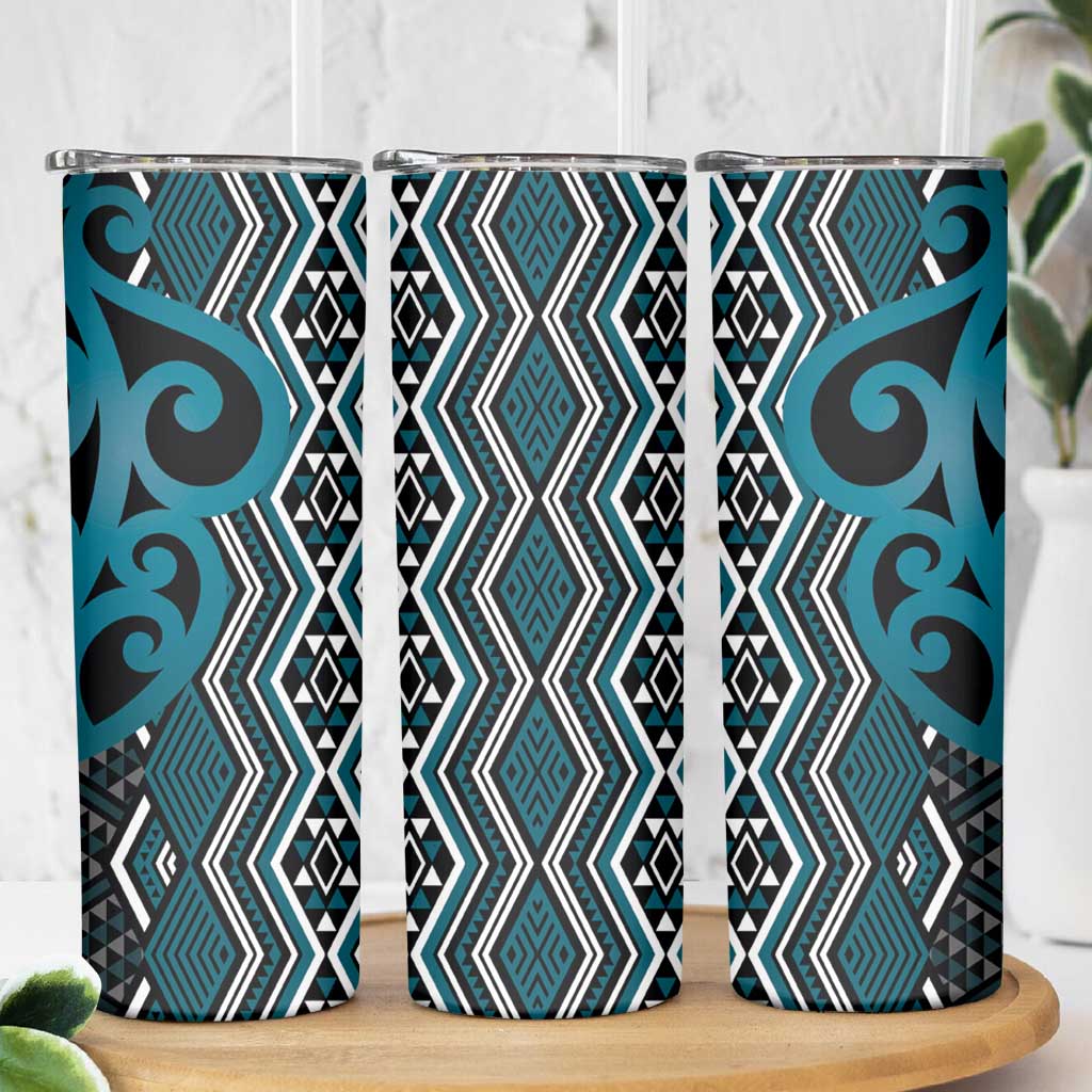 Maori Taniko Patterns Skinny Tumbler Azure Patiki Motifs Mix Whakairo Ngaru LT7 - Polynesian Pride