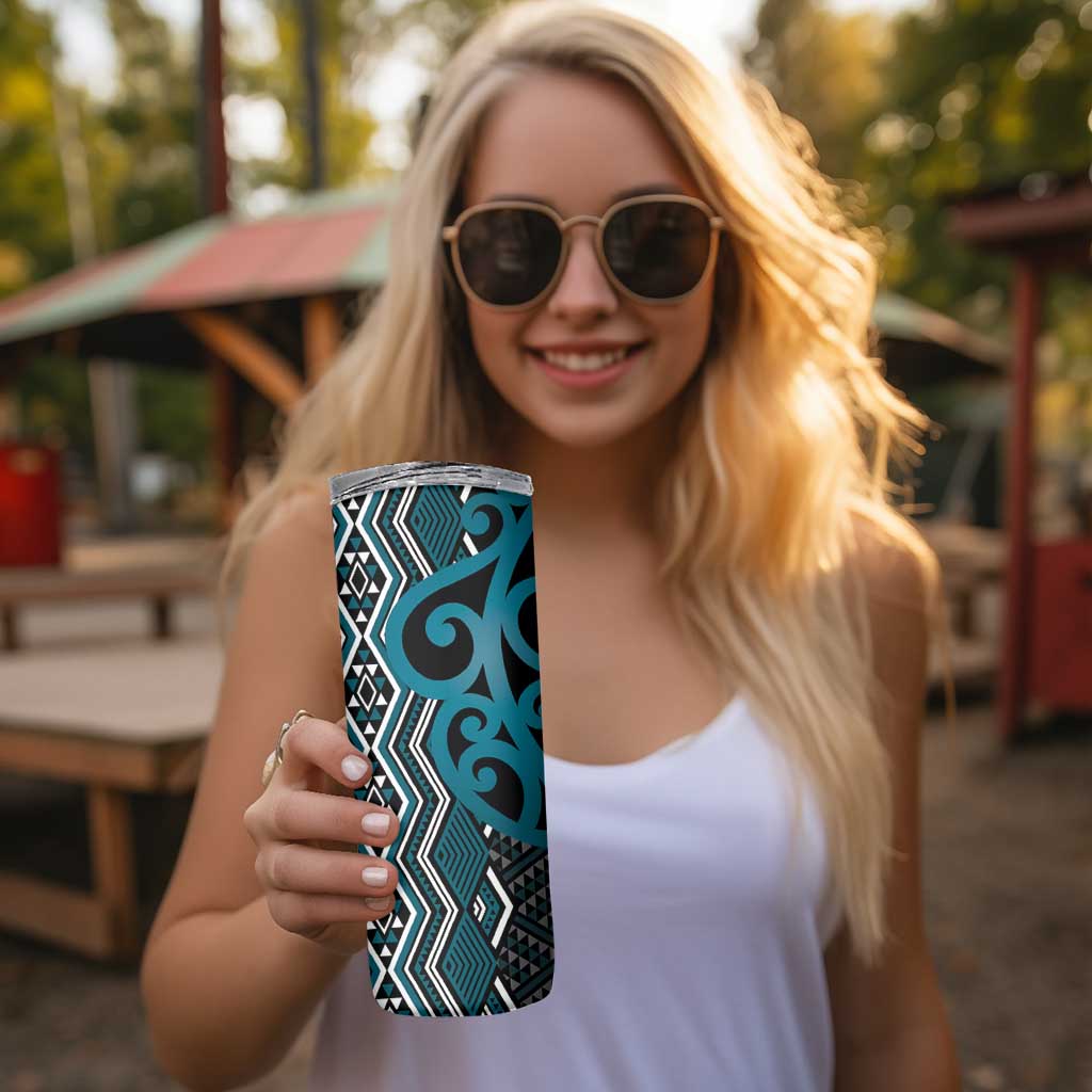 Maori Taniko Patterns Skinny Tumbler Azure Patiki Motifs Mix Whakairo Ngaru LT7 - Polynesian Pride