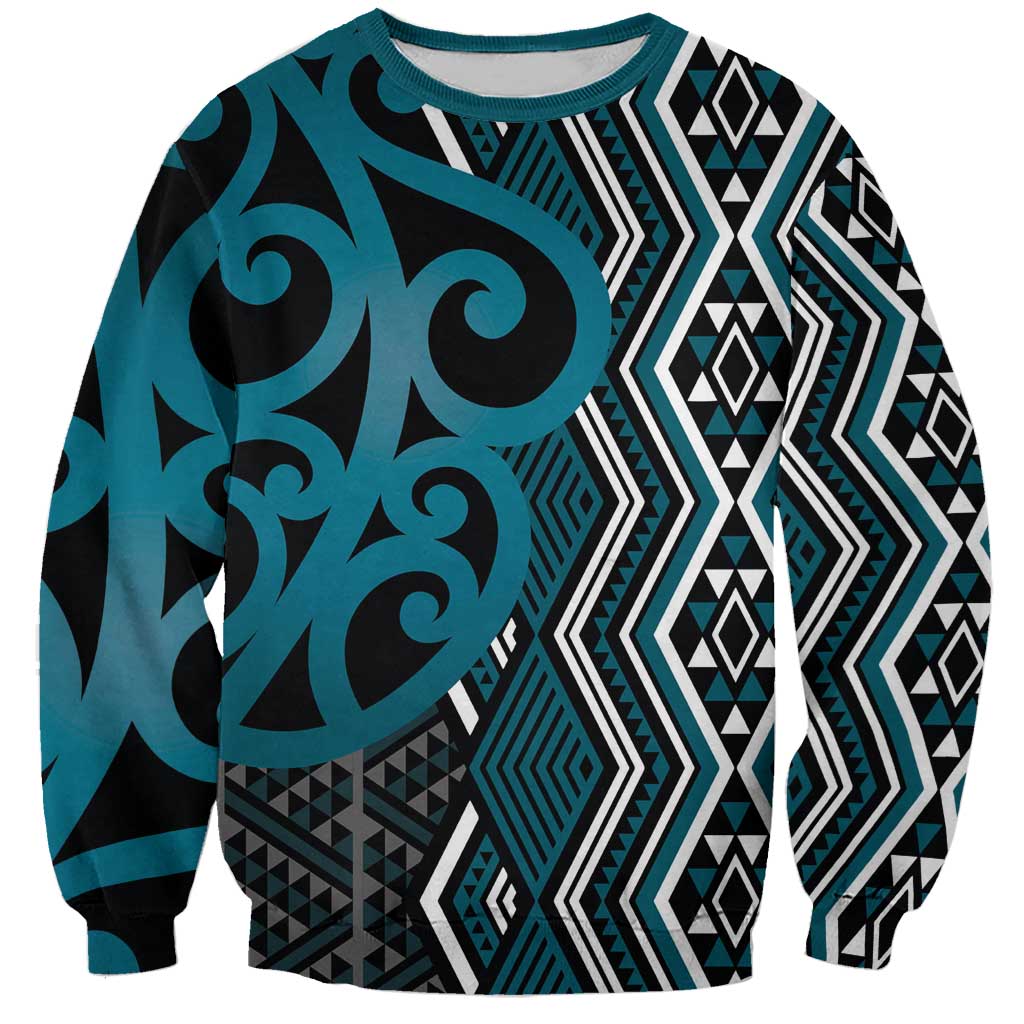 Maori Taniko Patterns Sweatshirt Azure Patiki Motifs Mix Whakairo Ngaru LT7 Unisex Azure - Polynesian Pride