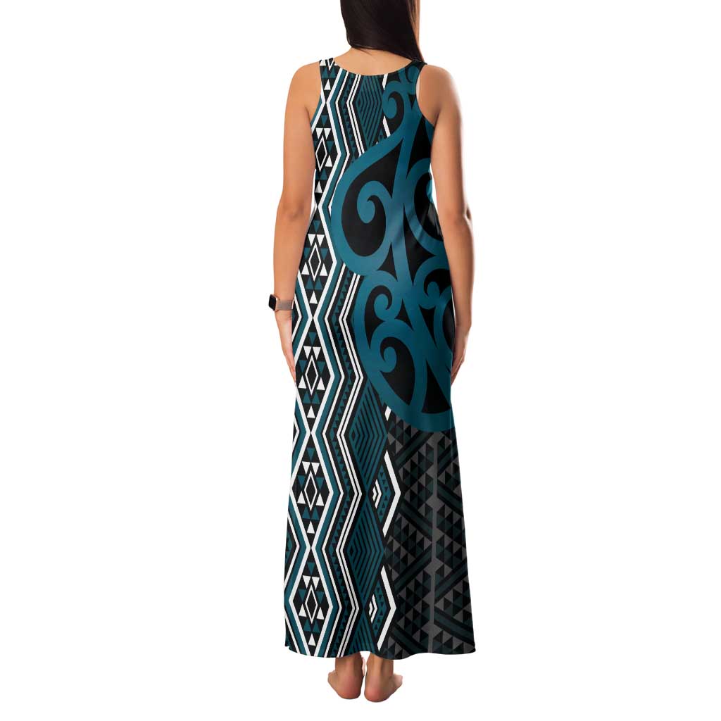 Maori Taniko Patterns Tank Maxi Dress Azure Patiki Motifs Mix Whakairo Ngaru