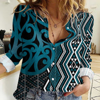 Maori Taniko Patterns Women Casual Shirt Azure Patiki Motifs Mix Whakairo Ngaru LT7 Female Azure - Polynesian Pride
