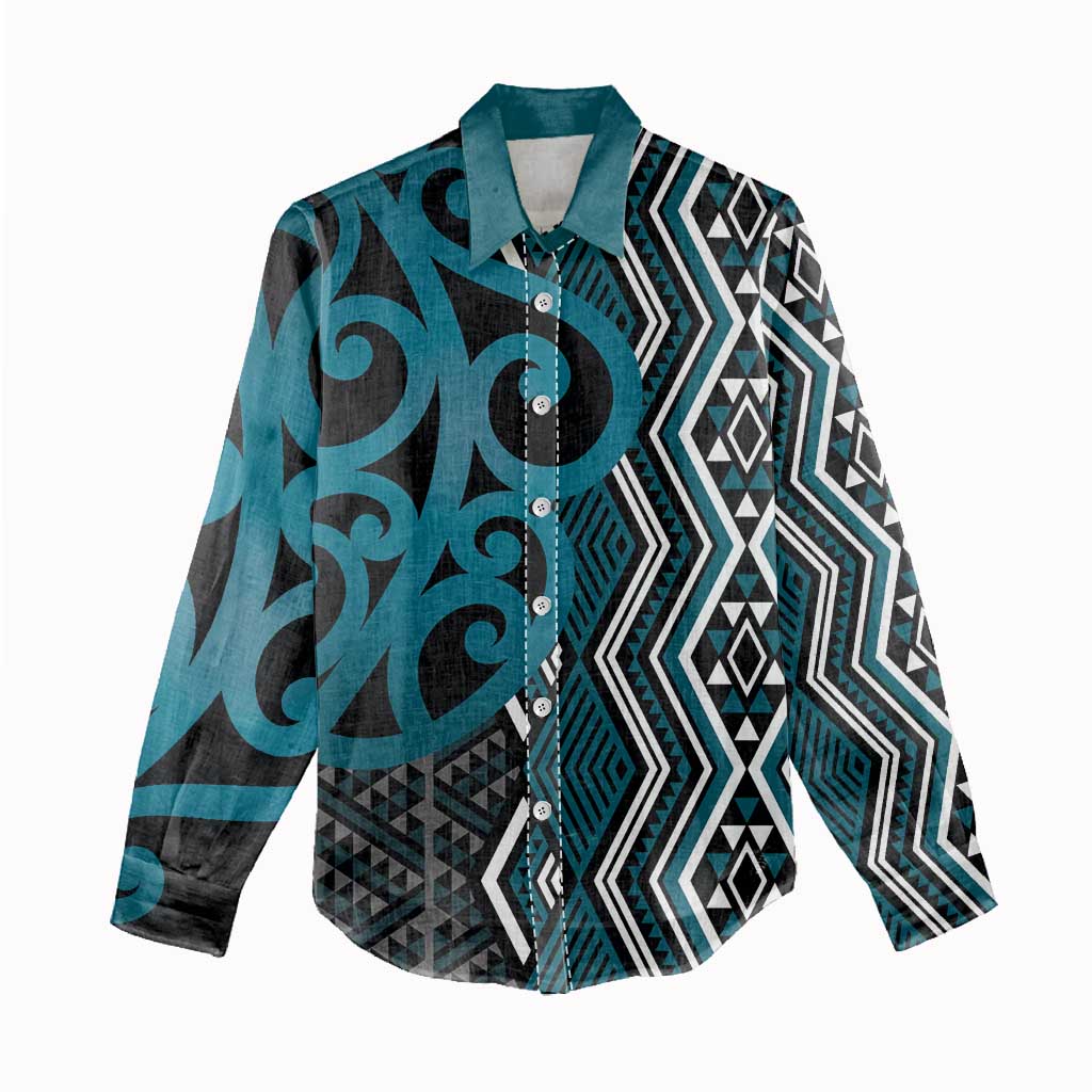 Maori Taniko Patterns Women Casual Shirt Azure Patiki Motifs Mix Whakairo Ngaru LT7 - Polynesian Pride