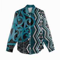 Maori Taniko Patterns Women Casual Shirt Azure Patiki Motifs Mix Whakairo Ngaru LT7 - Polynesian Pride