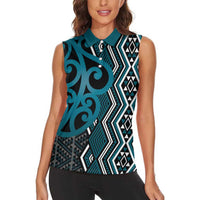 Maori Taniko Patterns Women Sleeveless Polo Shirt Azure Patiki Motifs Mix Whakairo Ngaru