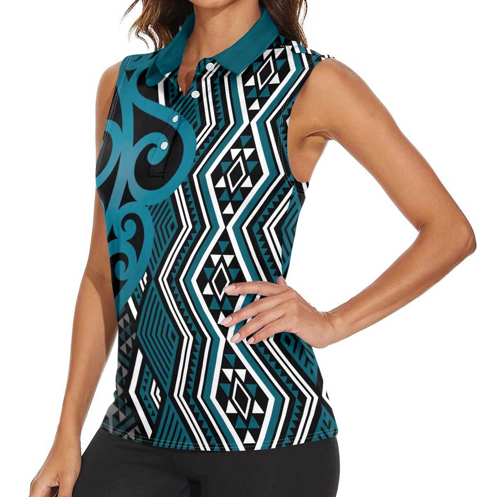 Maori Taniko Patterns Women Sleeveless Polo Shirt Azure Patiki Motifs Mix Whakairo Ngaru